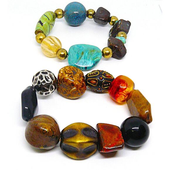 Set of 2 Chunky Stone & Beads Stretch Bracelets Blue Green & Red Brown VTG BOHO - Picture 4 of 4